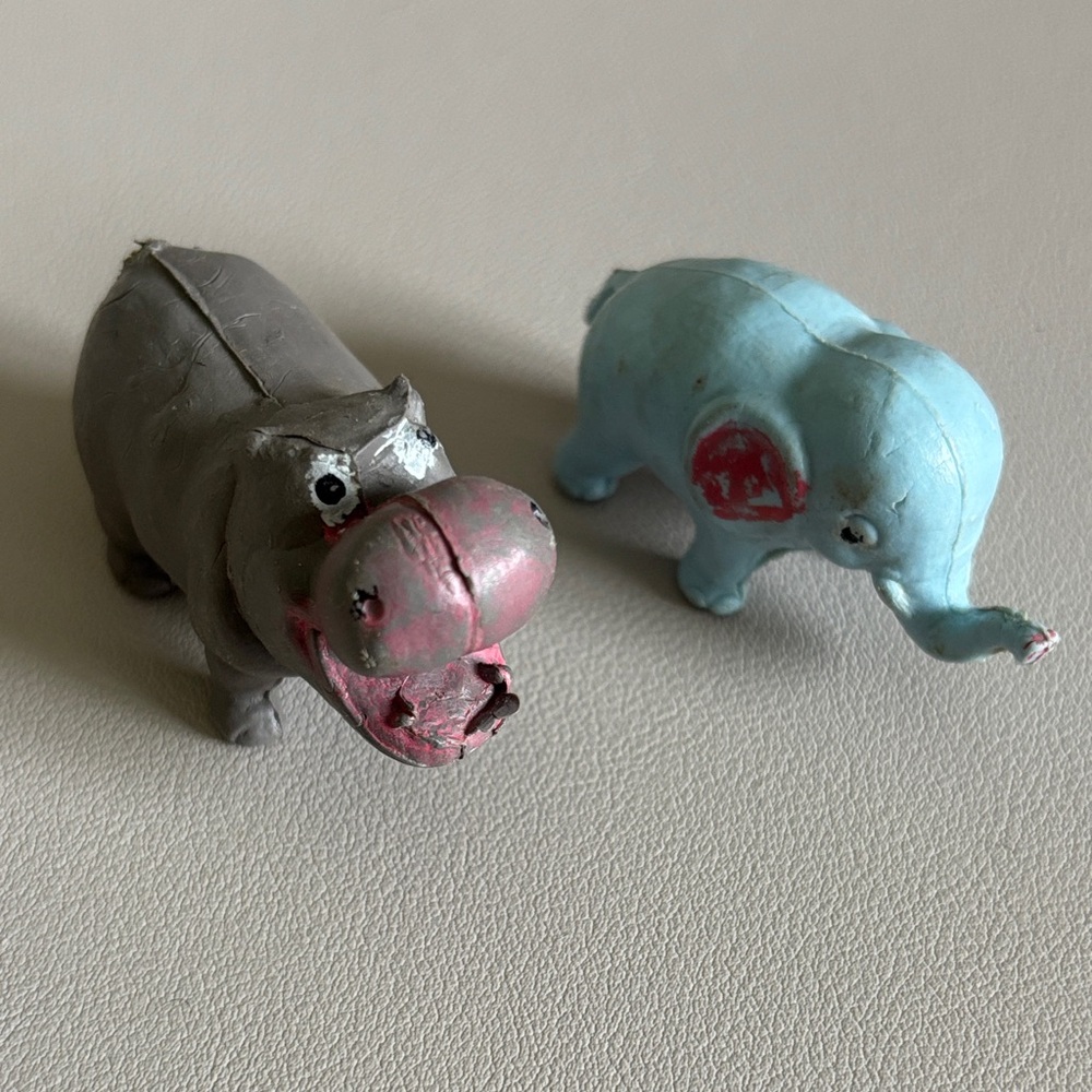 Vintage Gray Hippo and Blue Elephant Figurines Made in Hong Kong
